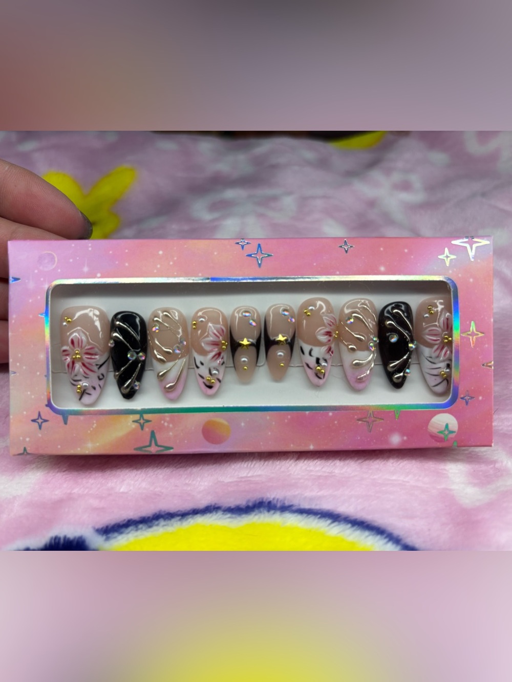 Floral Blush & Black Press-On Nail Set
